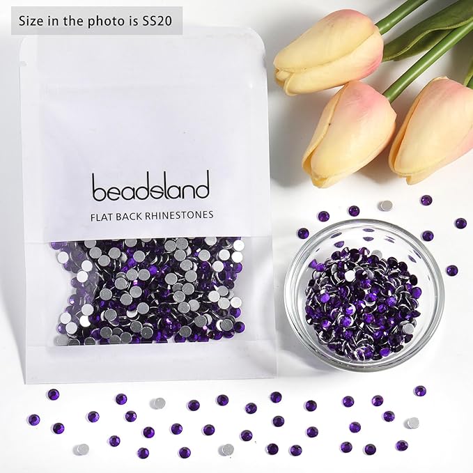 Beadsland 1440pcs Flat Back Crystal Rhinestones Round Gems for Nail Art and Craft Glue Fix, Pure Purple, SS16,3.8-4.0mm