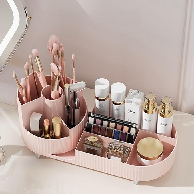 Rotating makeup organizer,Large Capacity Cosmetic Display Case, easy to hold all of your makeup products, at least 20 makeup brushes/eyeliner,10 lipsticks,8 skincare products(Pink)