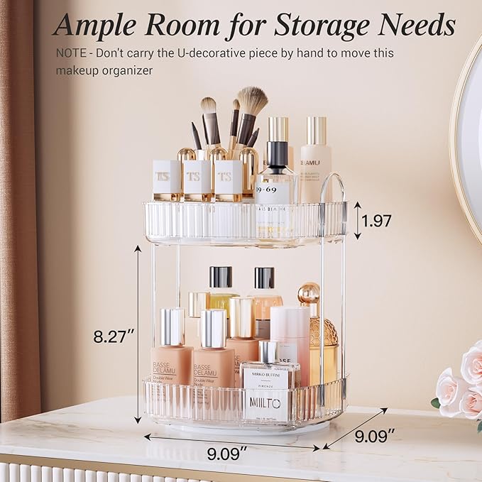 Delamu Rotating Bathroom Countertop Organizer, Large Capacity 2-Tier Multi-Function Storage for Cosmetics, Skincare, and Perfume. Makeup Organizer Countertop Ideal for Dresser, Bathroom,Vanity, Clear