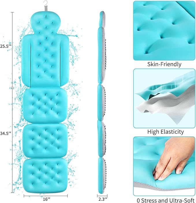 Full Body Bath Pillow for Bathtub, Thick Bathtub Cushion with Laundry Bag, Luxury Tub Pillow for Bath for Headrest Neck and Back Support Ocean Blue 60" x 16"