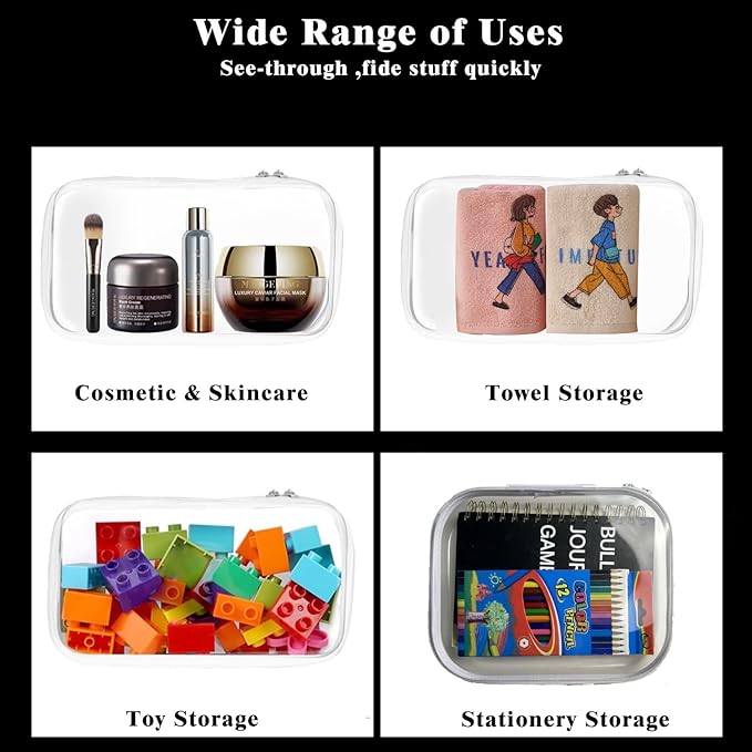 Clear Hard Shell Zipper Case, Zippered Pouch, Plastic Storage Containers for Small Toiletry Items, Toys, Building Blocks, Puzzles, Cosmetics & Stationery (Set of Large, Medium, Small)