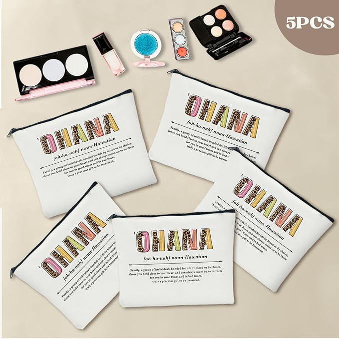 5 PCS Ohana Noun Makeup Bag Family Gifts Hawaiian Gifts Family Gifts Ideas for Women Female Mom Grandma Friend Vacation Holiday Christmas Cosmetic Bag Travel Toiletry Bag