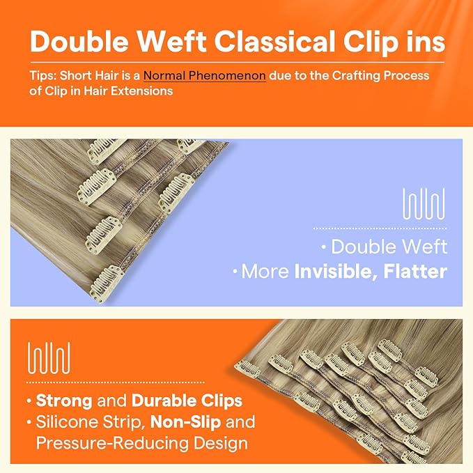 Full Shine 20 Inch Clip in Human Hair Blonde Real Hair Extensions Dirty Blonde Highlighted 7 Pcs Double Weft Brazilian Remy Hair Soft Straight Invisible Hair