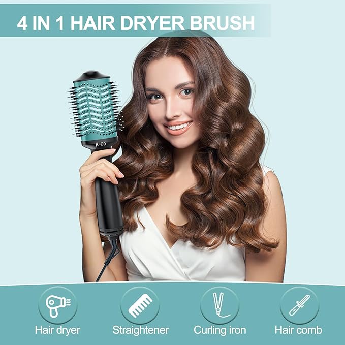 Hair Dryer Brush Blow Dryer Brush in One, 4 in 1 Hair Dryer and Styler Volumizer with Oval Barrel, Professional Salon Hot Air Brush for All Hair Types, Teal