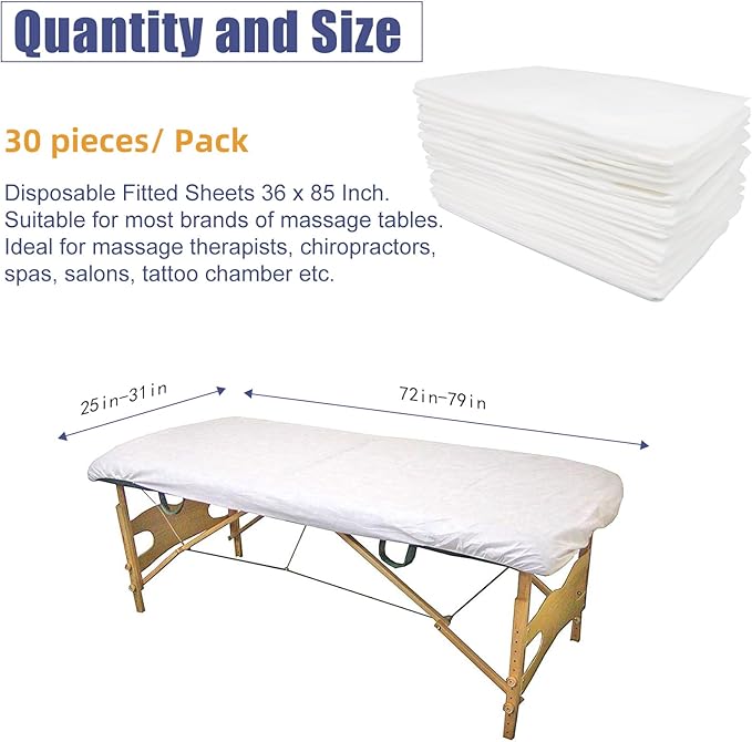 30PCS Disposable Fitted Massage Table Sheets, Heavy Duty Elastic Disposable Bed Cover, Breathable Disposable Fitted Sheets for Spa White Non Woven Fabric 36 x 85 Inch