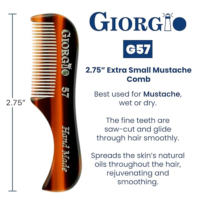 Giorgio G57 Extra Small Men's Fine Tooth Beard and Mustache Comb for Facial Hair Grooming and Styling. Wallet Pocket Comb Beard Comb for Men, Handmade, Saw-Cut and Hand Polished (2.75")