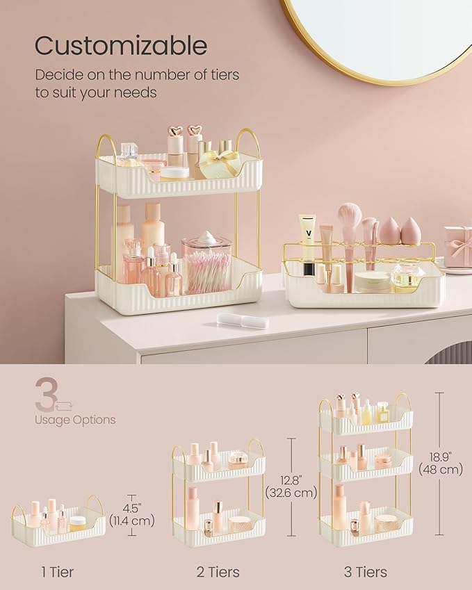 SONGMICS Makeup Organizer, 3-Tier Skincare Organizer Countertop, Customizable, 2 Types of Accessories, Jewelry Holder, for Vanity, Bedroom, Bathroom, Cloud White UJKA013W02