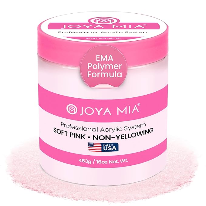 Joya Mia Acrylic Powder for Nails, MMA-Free, Super Adhesion Professional Powder for Flawless & Long-Lasting Nail Enhancements, Easy Application, Vibrant & Stunning Colors - Soft Pink, 16 oz
