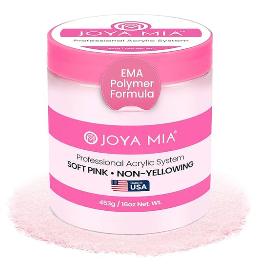 Joya Mia Acrylic Powder for Nails, MMA-Free, Super Adhesion Professional Powder for Flawless & Long-Lasting Nail Enhancements, Easy Application, Vibrant & Stunning Colors - Soft Pink, 16 oz