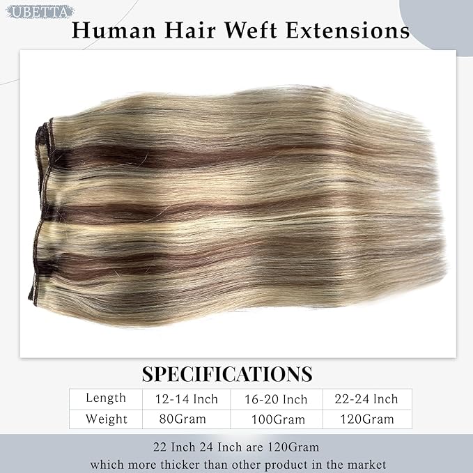 Hand Tied Weft Hair Extensions - 14 Inch Sew In Real Human Hair Weave Bundles - 80G Brown Balayage Ash Blonde Mixed Blonde