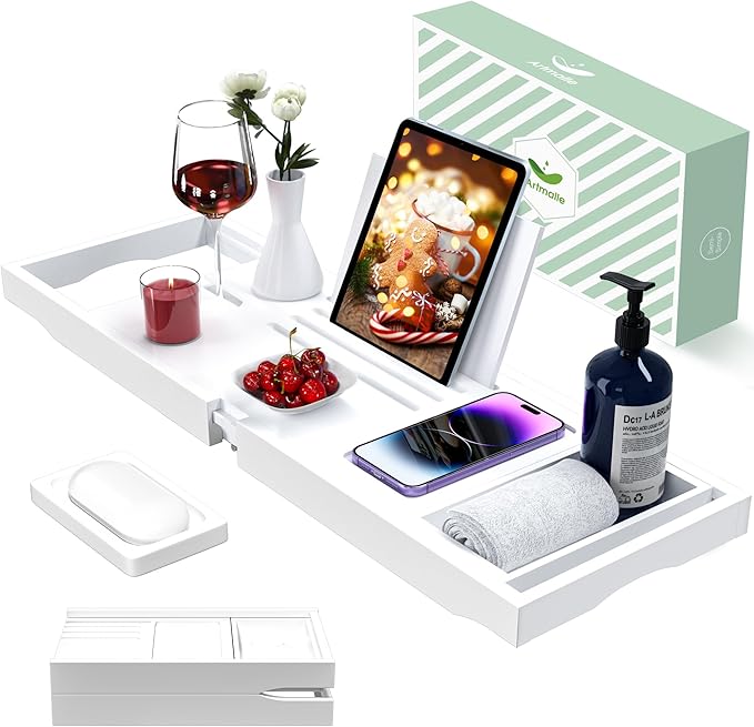 Artmalle Foldable Bathtub Caddy Tray for Tub, Bamboo Bathtub Tray Table with Book Holder for Home Spa Relax, Bathroom Accessories for Women Men with Free Soap Dish (Semi-Simple, White)