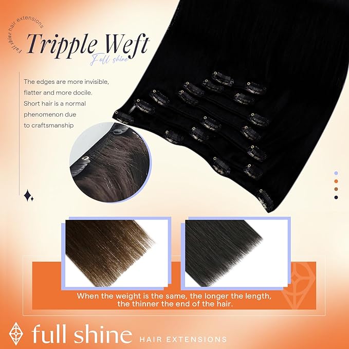 Full Shine Clip in Hair Extensions for Volume 135 G Clip in Black Extensions Jet Black Hair Extensions Real Human Hair for Thickness 16 Inch 7 Pcs