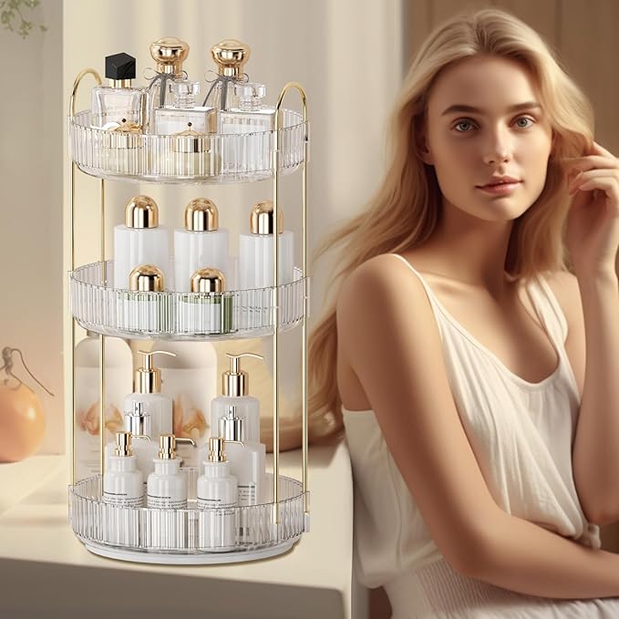 360° Rotating Makeup Organizer for Vanity - 3 Tier Perfume Organizer with Large Capacity - Skincare Organizer for Bathroom Counter - Space-Saving Cosmetic Storage for Dresser Countertop (Clear)