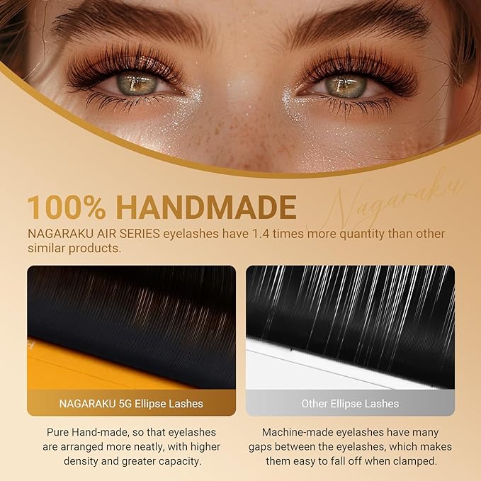 NAGARAKU Flat Ellipse Eyelash Extensions, 5TH GEN AIR SERIES Double Tips Lashes Lighter Thinner Flat Split Tips Individual Lash Matte Black Classic False Eyelashes 16 Rows -0.15 C Curl 9mm