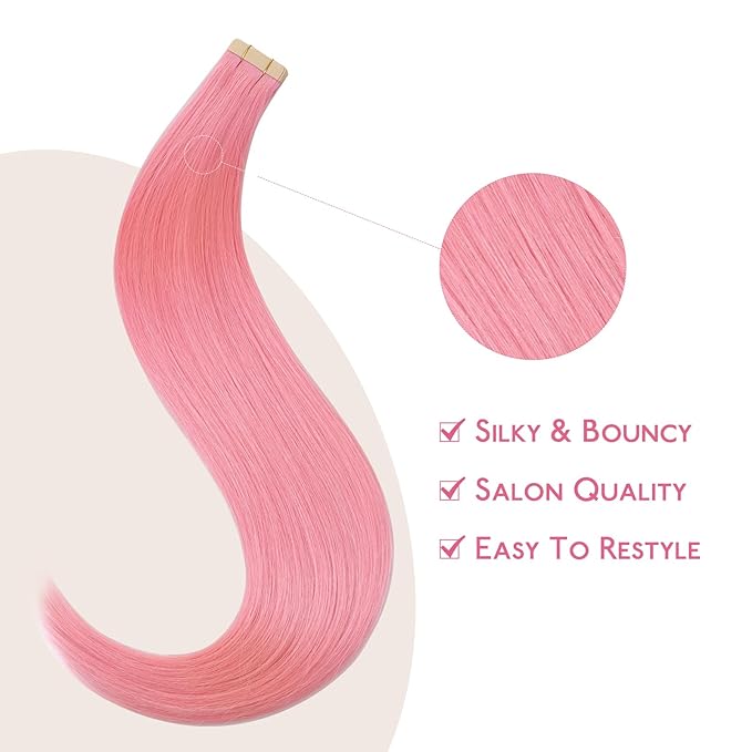WENNALIFE Tape in Hair Extensions, Human Hair, Peach Pink, 10pcs 30g, 22 inch Remy Invisible Tape, Straight, Colored, Soft, Real Human Hair Refill Set