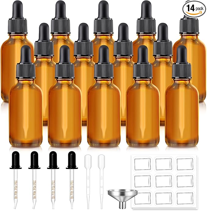 14 Pack, 1 oz Tincture Bottles with Dropper, Amber Glass Dropper Bottle Leakproof with Stainless Steel Funnel, Pipettes & Labels, 30 ml Eye Dropper Bottles For Essential Oils Serums Hair Body Oils