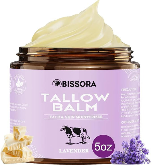 Beef Tallow for Skin, Organic Grass-Fed Beef Tallow Balm with Raw Honey & Jojoba Oil - Whipped Moisturizer for Face & Body - All-Natural Skin Care for Soft, Hydrated Skin (5 OZ, Lavender)