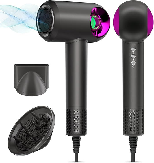 Hair Dryer, High-Speed Ionic Low Noise Blow Dryer with Diffuser for Fast Drying, Professional 500 Millions Negative Ionic Thermo-Control Hairdryer, Travel with Magnetic Diffuser & Nozzle