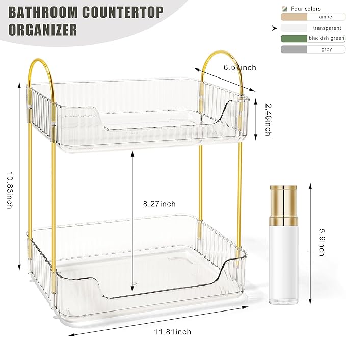 Bathroom Counter Organizer Countertop Storage Skincare Countertop Makeup Organizer Cosmetics Skincare Organizers Holder for Perfume-Clear-Golden Pole