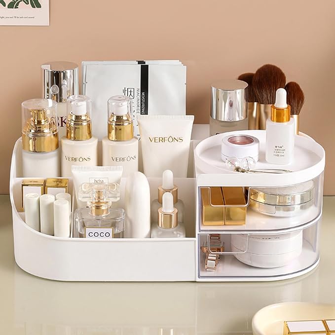 skin care organizer,Makeup Desk Organizer With Drawers,Countertop Organizer for Cosmetics,Vanity brush with Holder for Lipstick, Brushes, Eyeshadow, and Desktop Finishing Dresser (D-White)