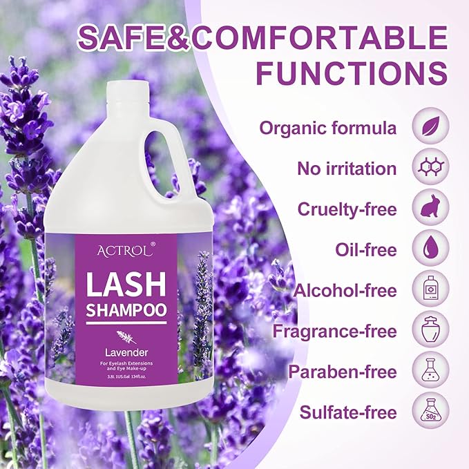 Eyelash Extension Cleanser Gallon Lavender 3.8L Natural Lash Extension Shampoo Professional Eyelid Foaming Cleanser Paraben & Sulfate Free Non-lrritating with Salon and Home Care