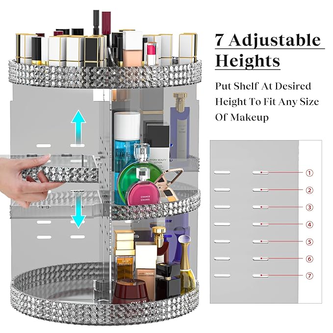 Rotating Makeup Organizer Countertop, Acrylic Makeup Storage Organizer Round, Large Cosmetic Organizer 7 Layers Large Capacity, Fits Makeup Brushes, Lipsticks, Bathroom, Vanity, Gray