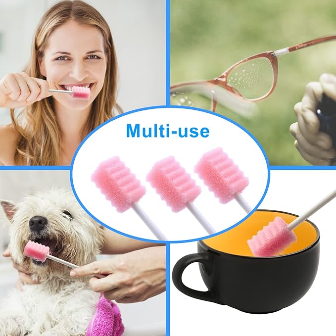 100 Pcs Disposable Mouth Swabs Sponge, BVN Oral Swabs, Oral Care Swabs Disposable, Mouth Swabs, Unflavored and Sterile Disposable Dental Swabsticks for Mouth Cleaning, Sawtooth-Shaped Pink.