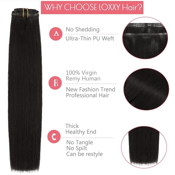 Loxxy Seamless Human Hair Clip-in Extensions Natural Black 16Inch 7Pcs 130g Real Human Hair Ultra Invisible PU Weft Silky Straight Seamless Hair Extensions