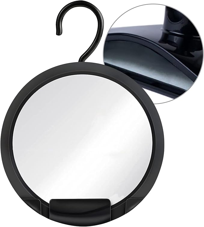 MIRRORVANA Dual Anti Fog Shower Mirror for Shaving with Hook for Hanging and Fogless Shatterproof Surface - Fill Back Chamber/Reservoir with Hot Water for Fog Free Shave (8" Diameter, Black)