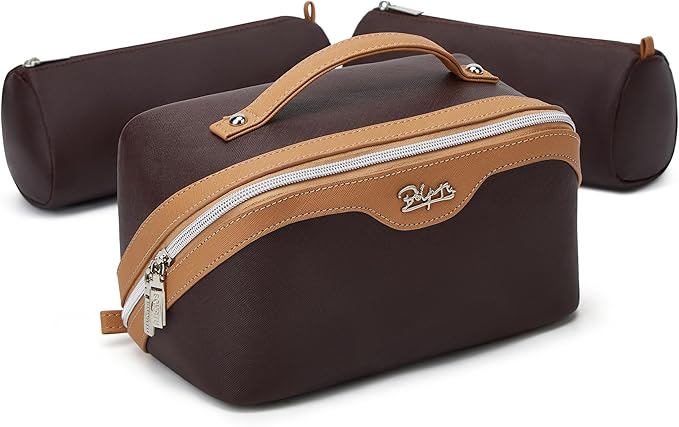 BOYATU Travel Makeup Bag Set: Portable Make up Bag for Traveling - Leather Cosmetic Bags for Women - Waterproof Toiletry Organizer Bags with Handle (D-01-Brown)