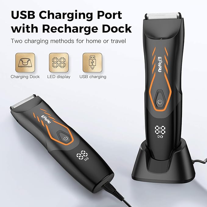 Men Hair Removal Shavers,Electric Safe Blade Waterproof Groin Hair Trimmer Male Painless Wet Quiet Hygiene Razor with Standing Charging Dock Orange