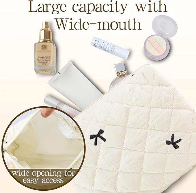 3Pcs Quilted Makeup Bag, Cute Floral Cotton Cosmetic Bag set, Coquette Bow Makeup Pouch Large Travel Toiletry Bag