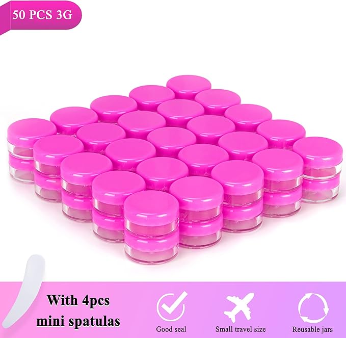 50PCS 3 Gram Sample Containers, 3ml Empty Jars with Lids, Small Cosmetic Containers, Mini Sample Jars with 4PCS Mini Spatulas for Make Up, Oils, Lotion, Powder, Paint, Jewelry, Lip Balms(Pink Lid)