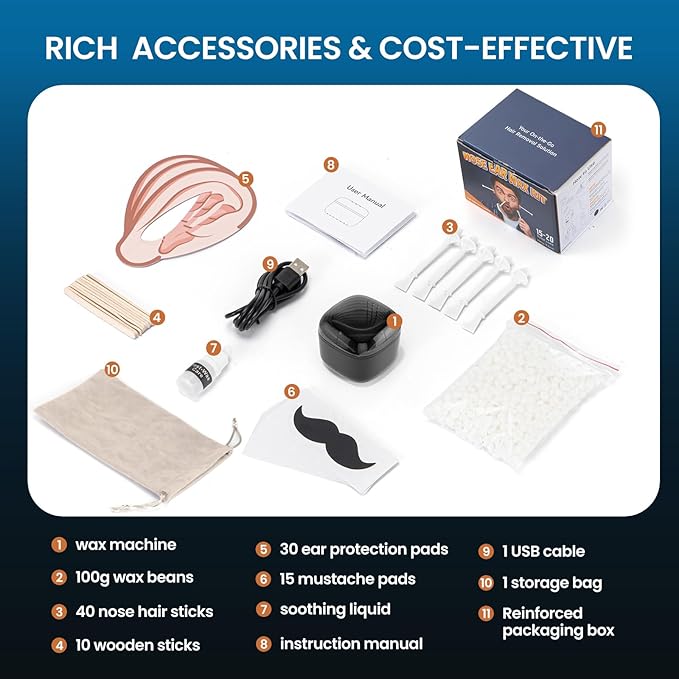 Nose Wax Kit Men, Nose Ear Hair Waxing Kit with 100g Wax, 40 Sticks, Nose Ear Hair Removal Kit, USB Fast Heat, Smart Constant Temp, Upgraded Size, Multi-Accessories, Black