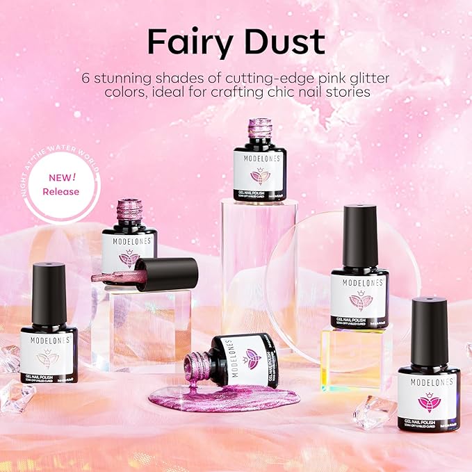 modelones Pink Glitter Gel Nail Polish Set, 6 Colors Hot Pink Tones Sparkle Pink Shades Shimmer Cat Eye for Women Girl Nail Lovers Gift Salon DIY Nail Art Gel Nail Kit