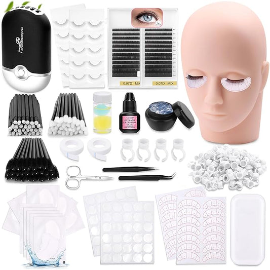 Eyelash Kit for Lash Extension, Lash Tech Supplies with Mannequin Practice Head, Lash Cluster, Lash Extension Glue, Eyelash Remover, Fan, Tweezers, Lash Training Tools Set for Beginners at Home