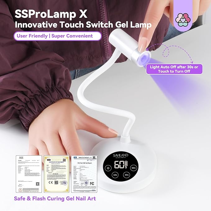 Saviland Intellisense Gooseneck U V Lamp for Gel Nails: Motion Sensor 12W U V Nail Lamp Quick Drying LED Cure Lamp Rechargeable Gel Lamp 3 Timers Setting 360°Adjustable Nail Dryer Manicure Light