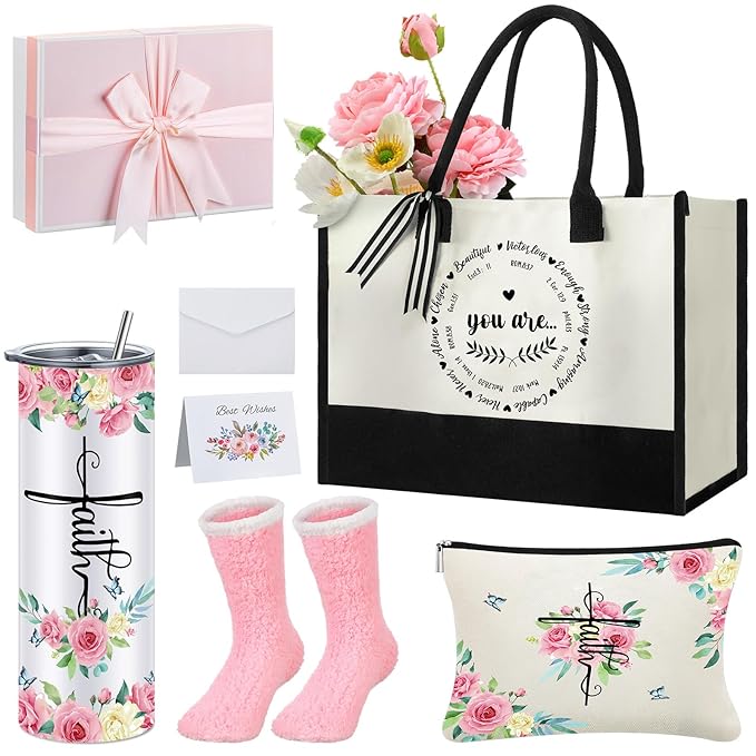 Paterr 7 Pcs Christian Gift for Women Include 20 oz Stainless Steel Tumbler Inspirational Religious Tote Bag Makeup Bag Socks Keychain Thank You Card Christian Birthday Gifts for Women(You Are)