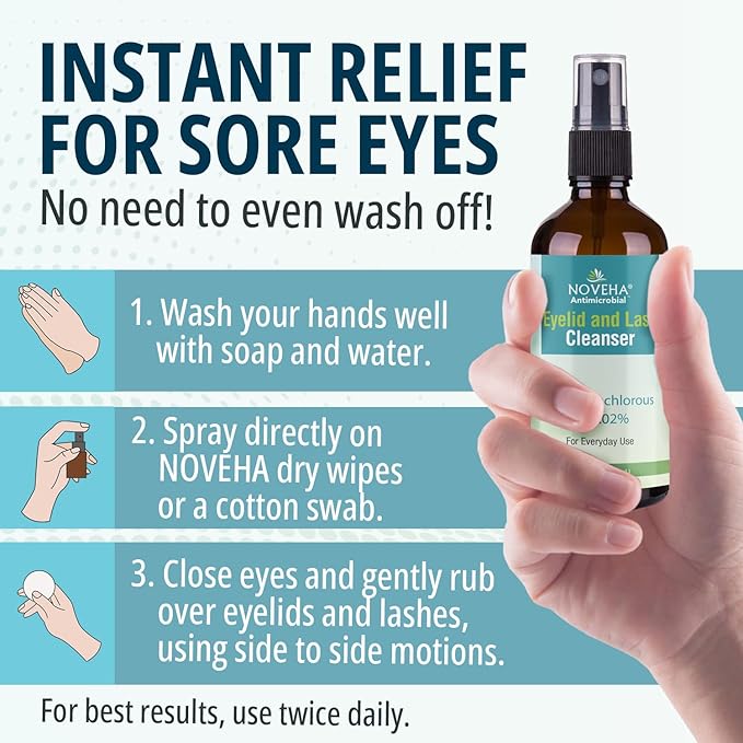 NOVEHA Eyelid and Lash Cleanser | Effective Relief from Irritation, Dry Eyes, Styes & Blepharitis, Pure and Gentle Hypochlorous Acid 0.02% Spray 120ml (4oz)