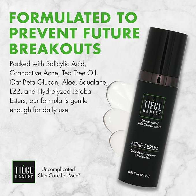 Tiege Hanley Mens Acne Serum for Face - Lightweight Facial Acne Serum with Salicylic Acid, Granactive Complex & Tea Tree Oil for Blackheads, Open Pores & Redness - Moisturizer for Oily Skin