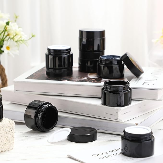 Domensi 60 Pcs 1oz Glass Jars with Lids Bulk Salve Tins Small Glass Candle Cosmetic Jars for Travel with Inner Liners Containers for Lotions Sample Cream(Black,Black Lid)