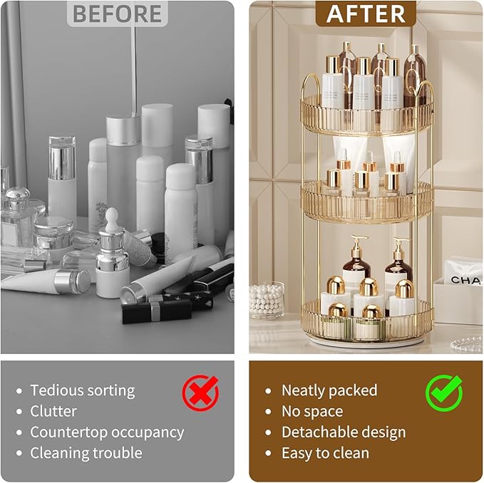 360° Rotating Makeup Organizer for Vanity - 3 Tier Perfume Organizer with Large Capacity - Skincare Organizer for Bathroom Counter - Space-Saving Cosmetic Storage for Dresser Countertop (Gold)
