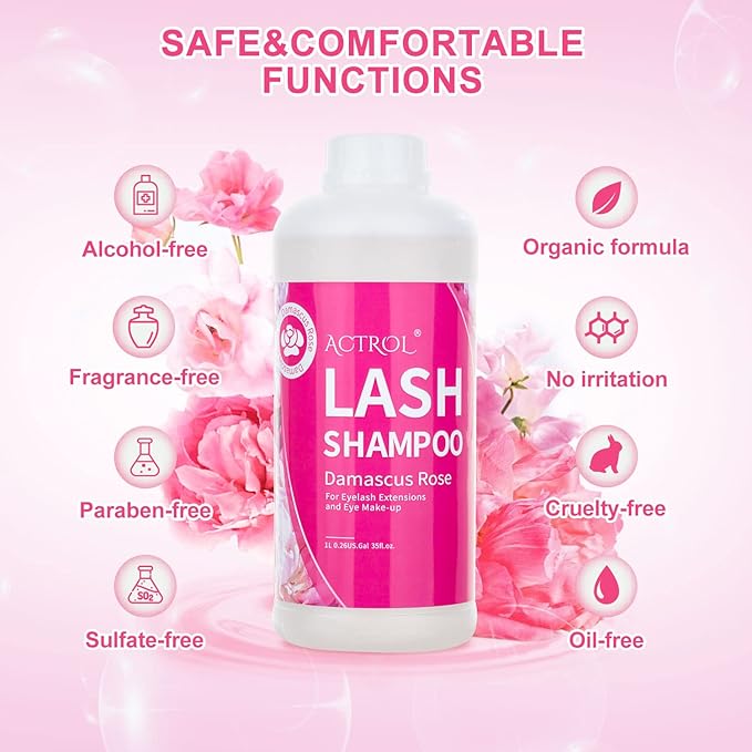 Eyelash Extension Cleanser Rose 1L Natural Lash Extension Shampoo Professional Eyelid Foaming Cleanser Paraben & Sulfate Free Non-lrritating with Salon and Home Care