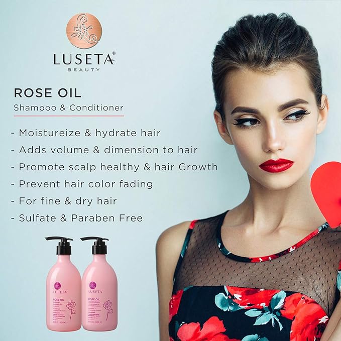 Luseta Rose Oil Shampoo and Conditioner for Volumizing & Hydrating - Color safe, gluten-free, sulfate-free, paraben-free, cruelty free and Vegan