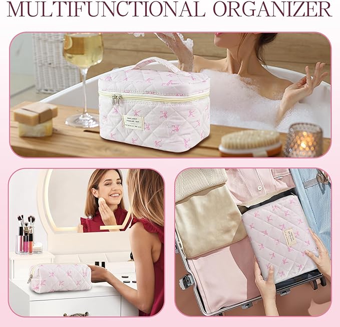 3Pcs Quilted Makeup Bag, Cute Floral Cotton Cosmetic Bag set, Coquette Bow Makeup Pouch Large Travel Toiletry Bag