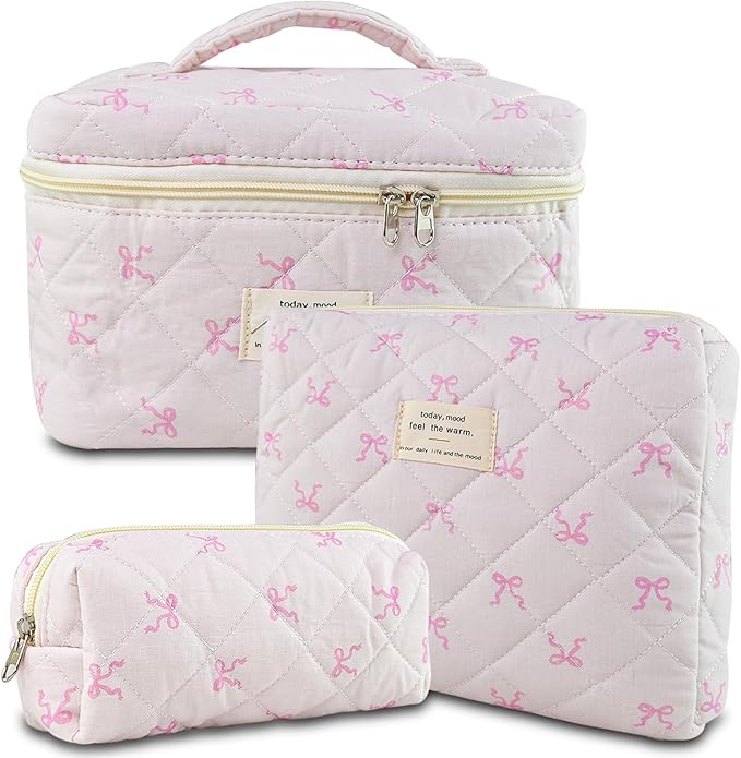 3Pcs Makeup Bag Cotton Quilted Travel Cosmetic Bag Cute Floral Makeup Pouch Large Toiletry Bag for Women Girls (Bow-Pink2)