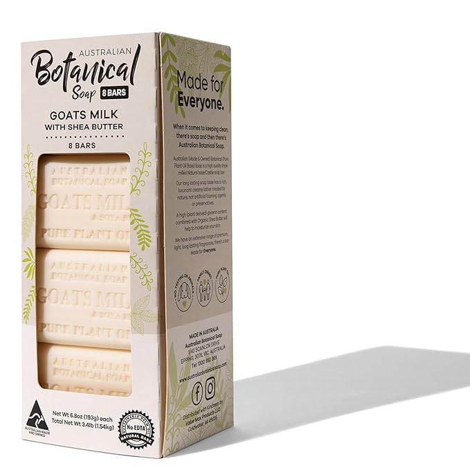 Australian Botanical Soap, Goat Milk Soap with Shea Butter, 6.6 oz. Bars, Triple Milled Body Cleanser, Made in Australia with Organic African Shea Butter and Native Goat Milk, All Skin Types