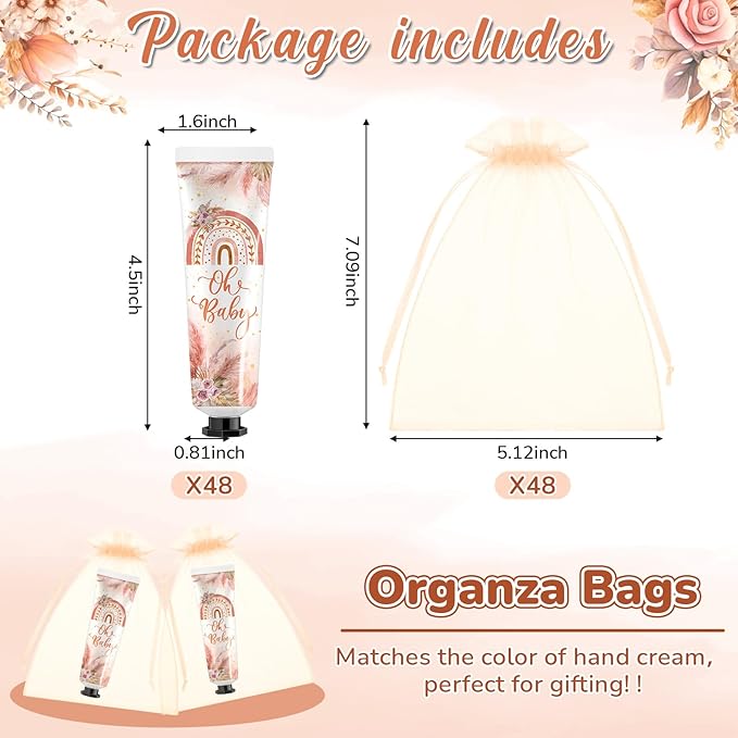 48 Sets Baby Shower Hand Cream Bulk Bohemia Baby Shower Favors Bridal Thank You Hand Cream for Guests Travel Size Lotion with Organza Bags