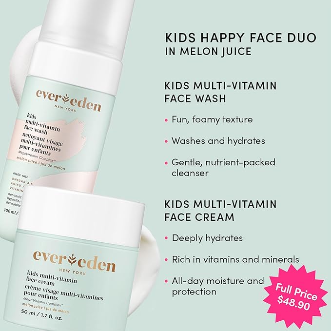 Evereden Kids Happy Face Duo (Melon Juice) - Multi-Vitamin Kids Face Wash & Kids Face Cream Set - Clean & Vegan Skin Care for Kids 3+ - Moisturizing, Nourishing, & Protective Kids Skin Care Set