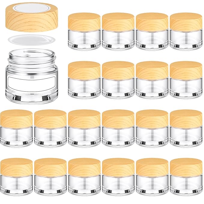 Layhit 24 Pcs Glass Jars with Lids Clear Small Jars with Plastic Woodgrain Lids, White Labels and Inner Liners Empty Round Cosmetic Containers for Creams Lotions Powder Candle Making (0.34oz/ 10ml)